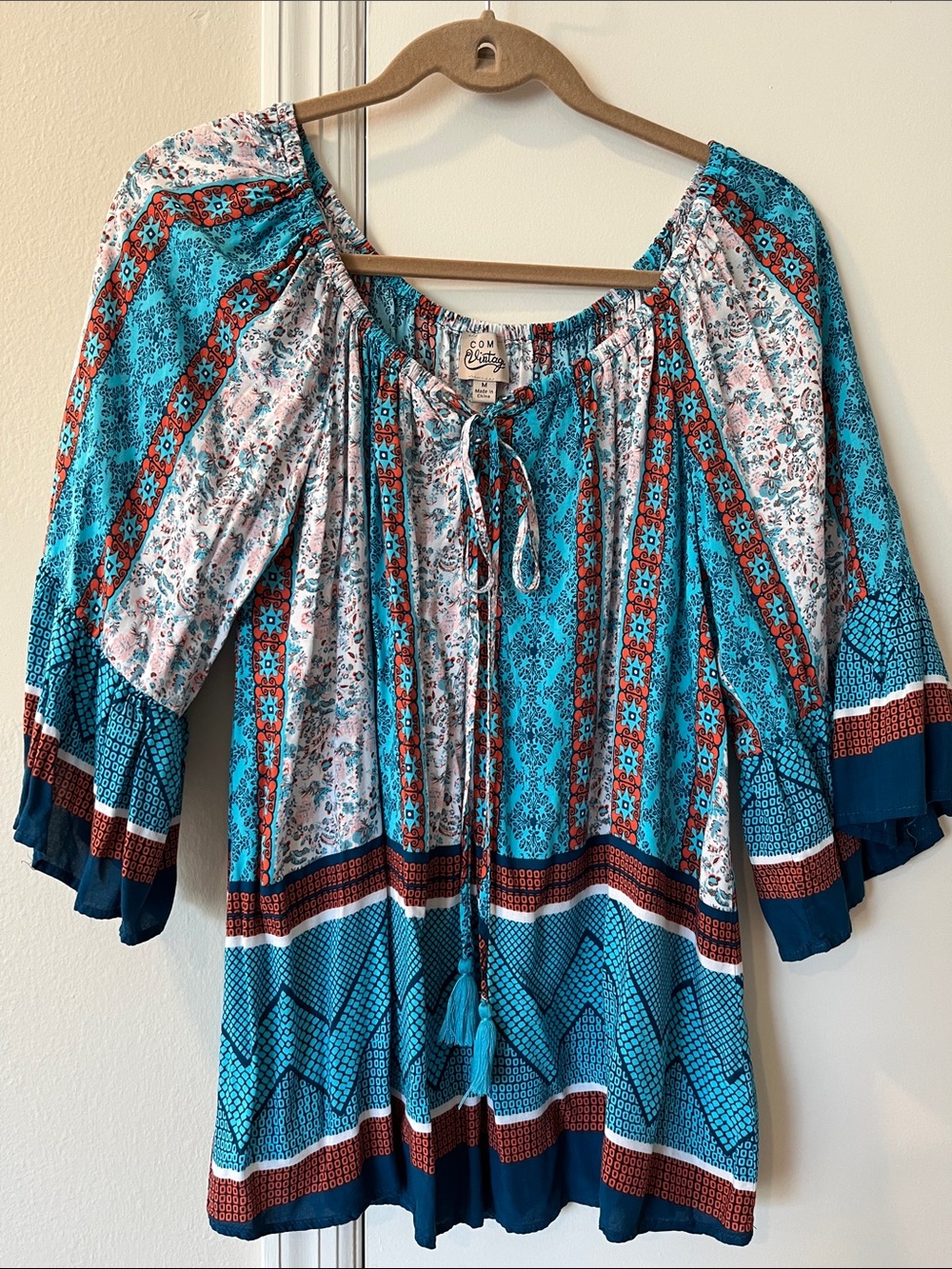 Turquoise Mixed-Print Peasant Blouse with Tie Front